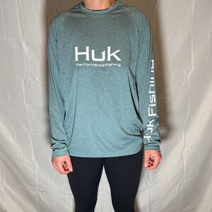 Huk Long-Sleeve Performance Shirt in Heather Teal with White Logo
